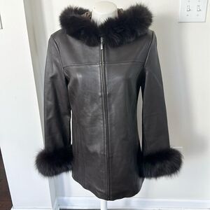Juliet Michelle Brown Vintage Leather Hooded Fur Women’s Jacket S